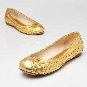 Bottega Veneta Gold Intrecciato Woven Nappa Leather Bow Ballet Flats Size 6.5/37
